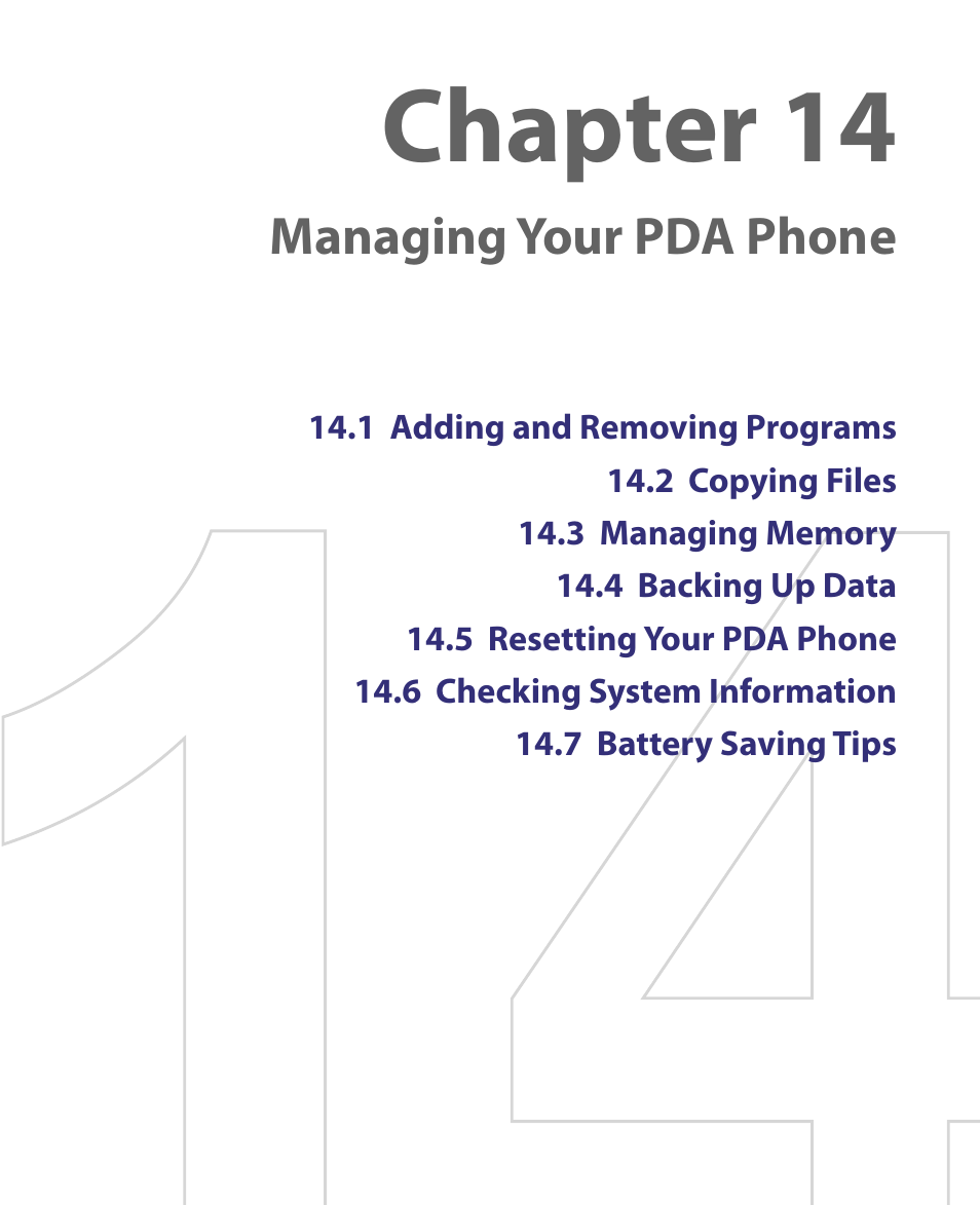 Chapter 14 managing your pda phone, Chapter 14, Managing your pda phone | ArcSoft PDA Phone User Manual | Page 219 / 250
