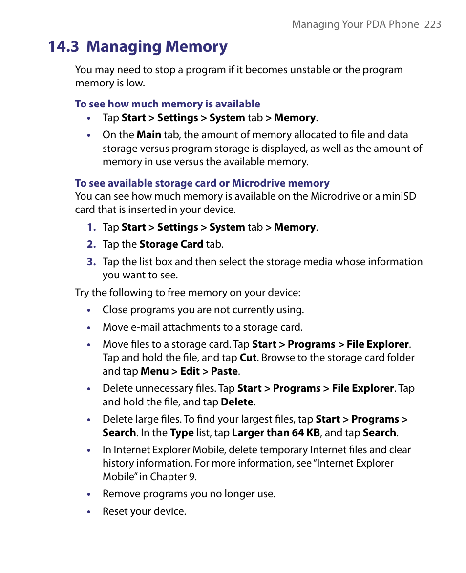 3 managing memory | ArcSoft PDA Phone User Manual | Page 223 / 250