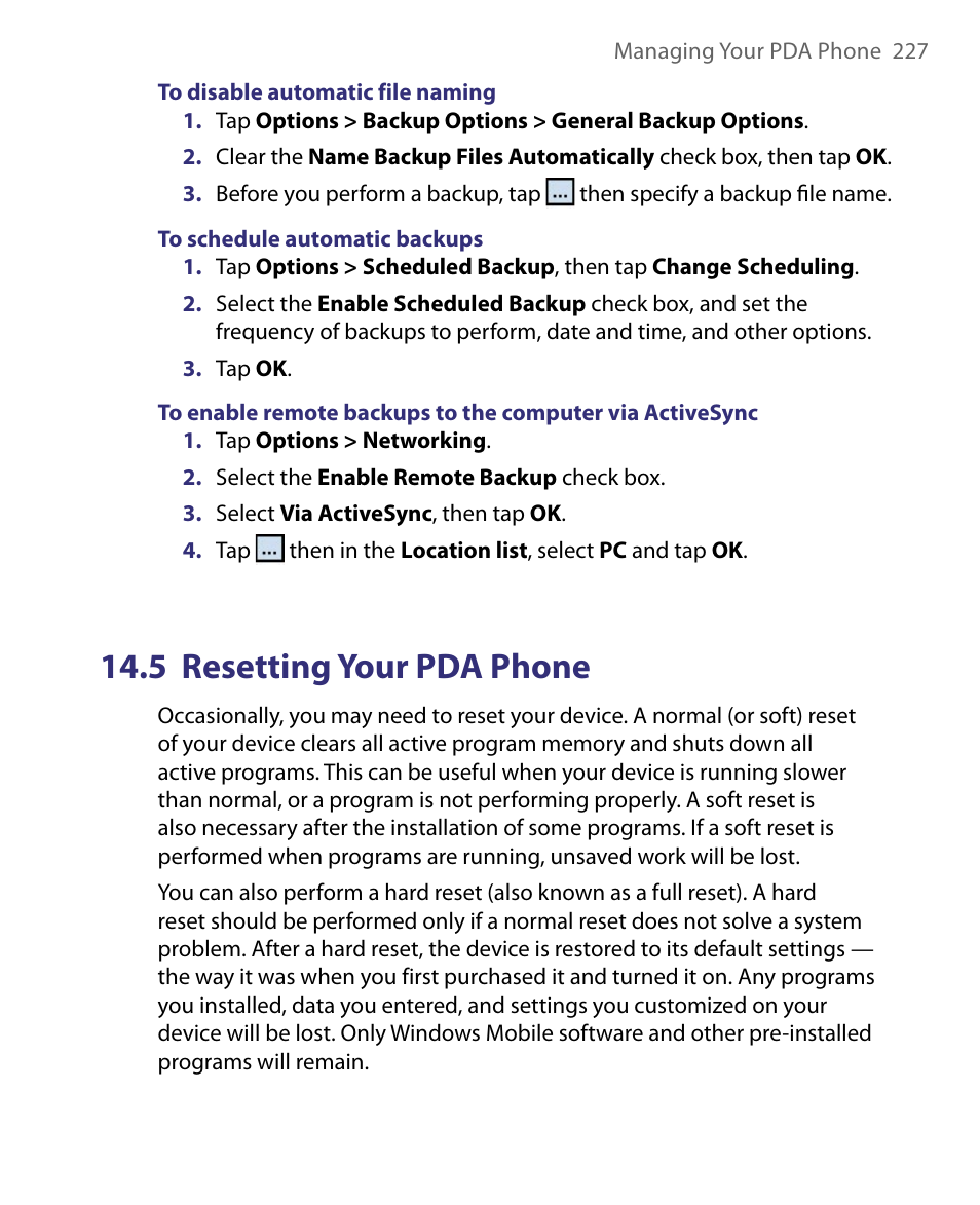 5 resetting your pocket pc phone, 5 resetting your pda phone | ArcSoft PDA Phone User Manual | Page 227 / 250