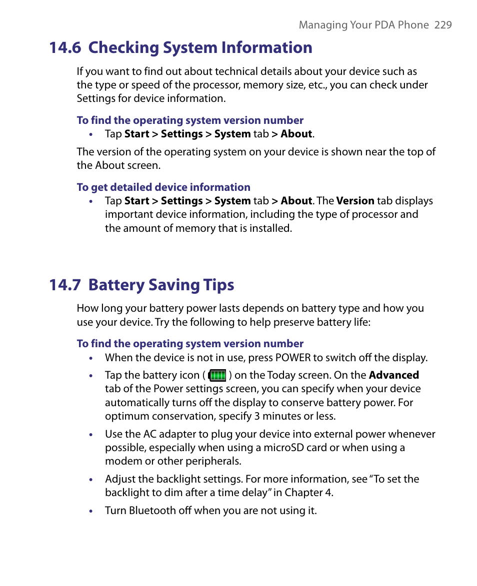 6 checking system information, 7 battery saving tips | ArcSoft PDA Phone User Manual | Page 229 / 250