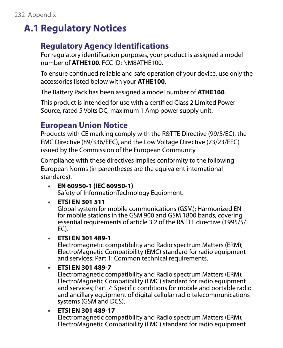 A.1 regulatory notices, Regulatory agency identifications, European union notice | ArcSoft PDA Phone User Manual | Page 232 / 250