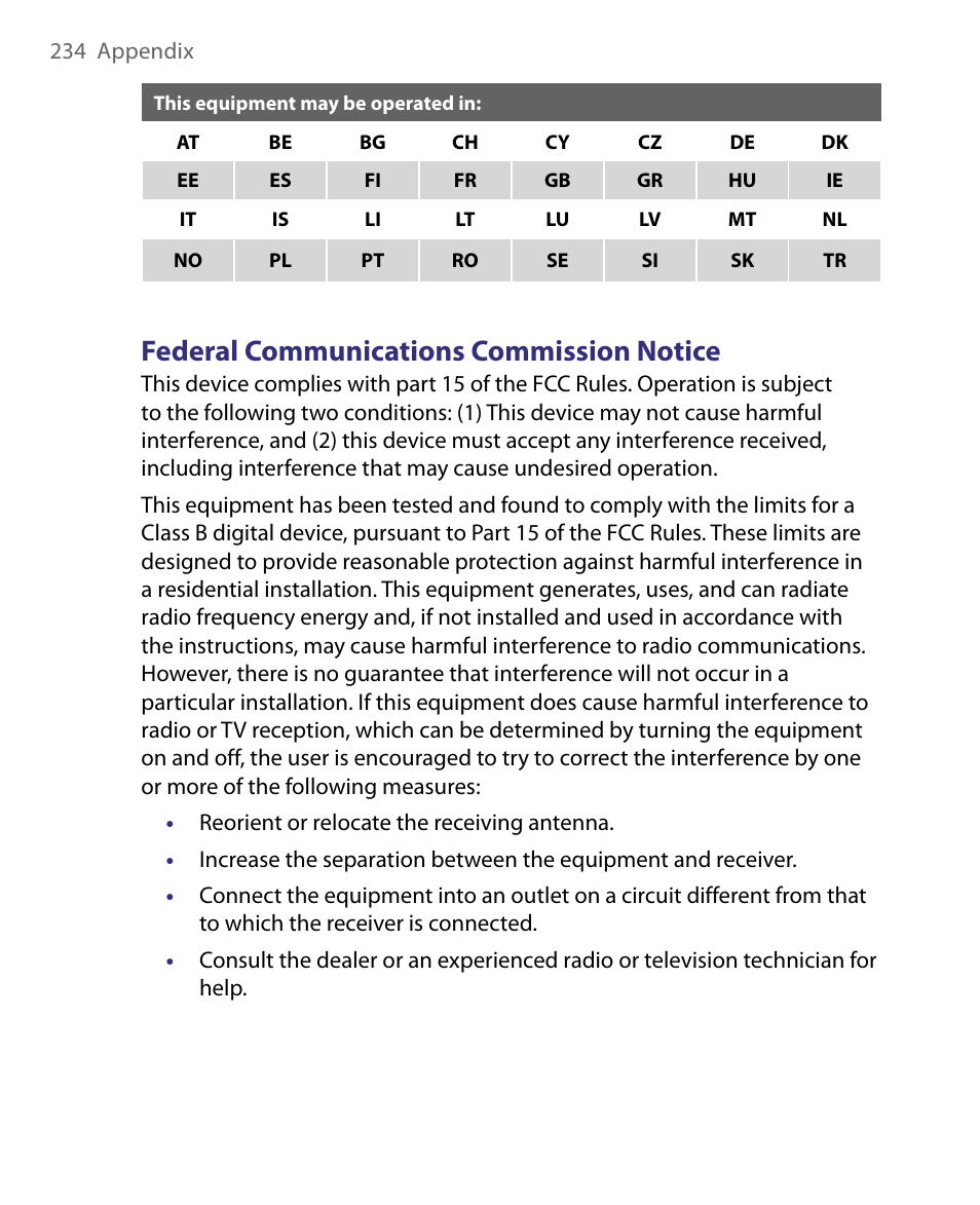 Federal communications commission notice | ArcSoft PDA Phone User Manual | Page 234 / 250
