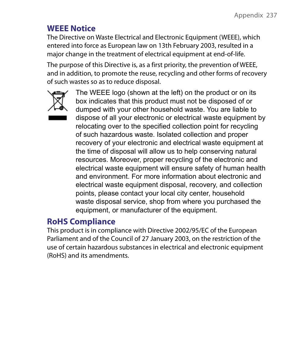 Weee notice, Rohs compliance | ArcSoft PDA Phone User Manual | Page 237 / 250
