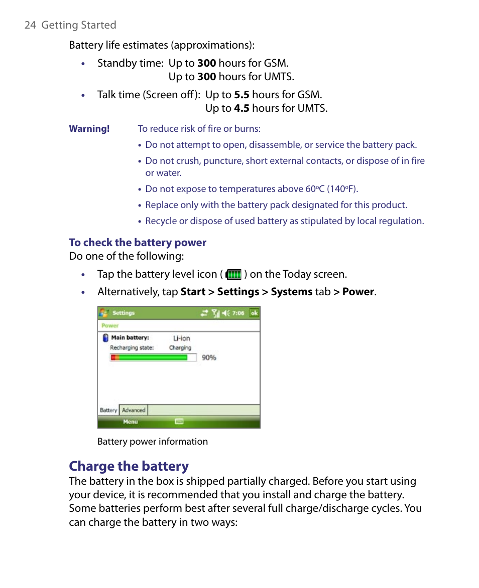 Charge the battery | ArcSoft PDA Phone User Manual | Page 24 / 250