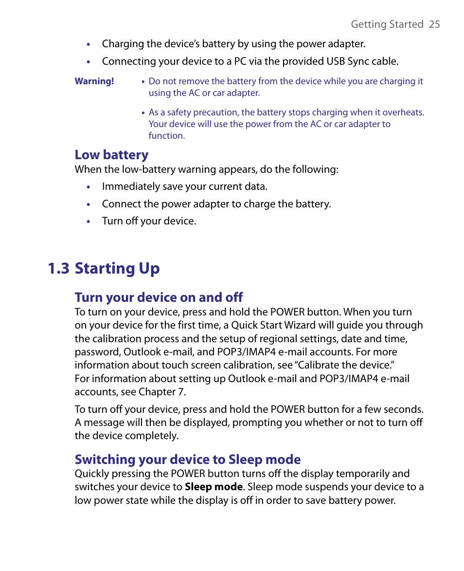 3 starting up, Low battery, Turn your device on and off | Switching your device to sleep mode | ArcSoft PDA Phone User Manual | Page 25 / 250