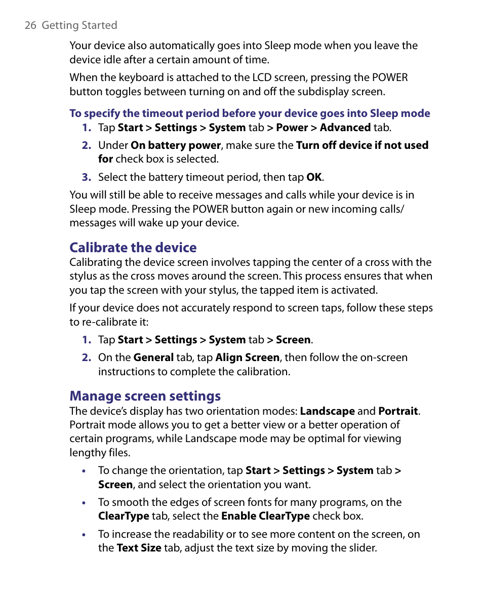 Calibrate the device, Manage screen settings | ArcSoft PDA Phone User Manual | Page 26 / 250