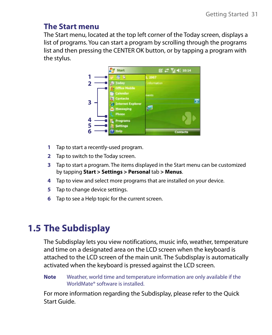 5 the subdisplay, The start menu | ArcSoft PDA Phone User Manual | Page 31 / 250