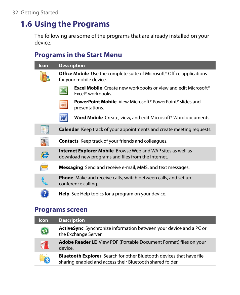 6 using the programs, Programs in the start menu, Programs screen | ArcSoft PDA Phone User Manual | Page 32 / 250