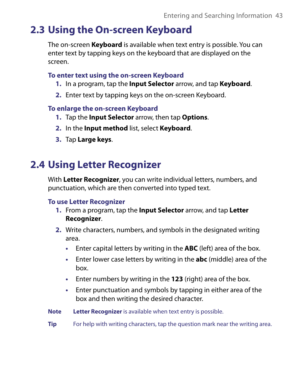 3 using the on-screen keyboard, 4 using letter recognizer | ArcSoft PDA Phone User Manual | Page 43 / 250