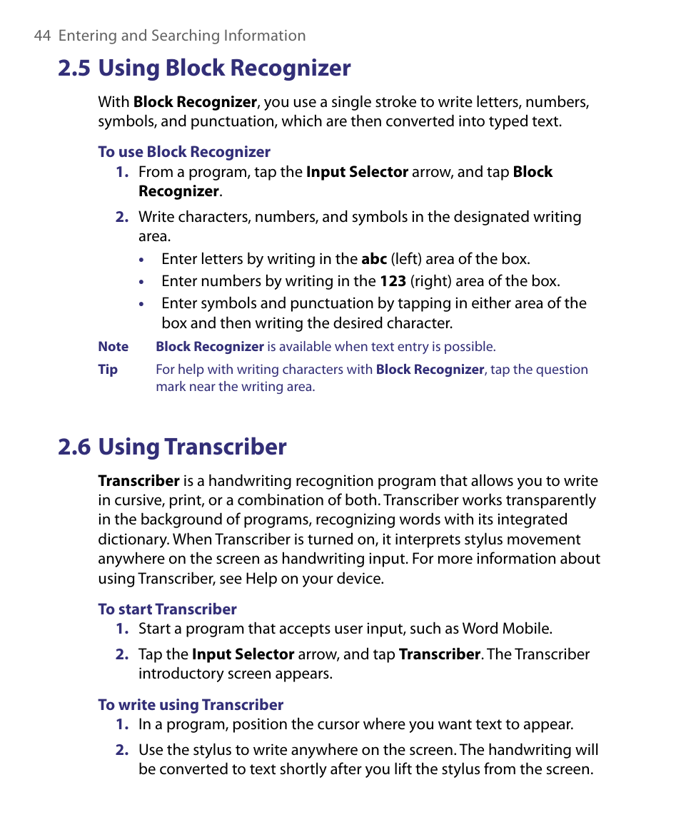 5 using block recognizer, 6 using transcriber, 5 using block recognizer 2.6 using transcriber | ArcSoft PDA Phone User Manual | Page 44 / 250