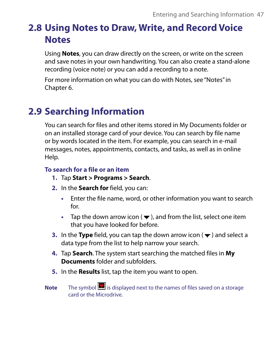 9 searching information, 8 using notes to draw, write, and, Record voice notes | ArcSoft PDA Phone User Manual | Page 47 / 250