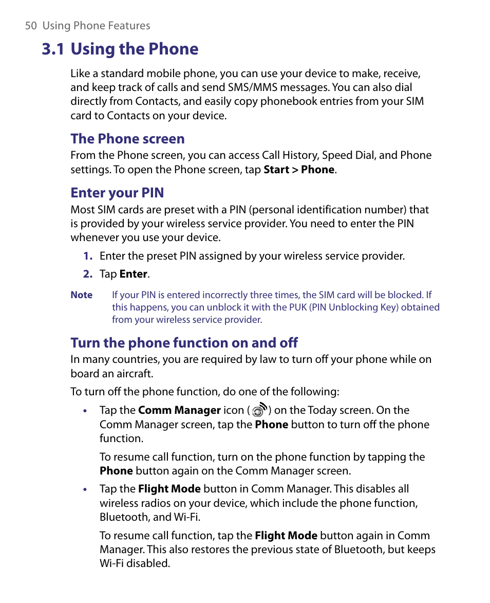 1 using the phone, The phone screen, Enter your pin | Turn the phone function on and off | ArcSoft PDA Phone User Manual | Page 50 / 250