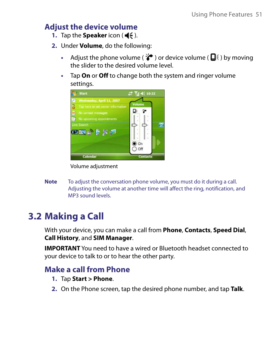 2 making a call, Adjust the device volume, Make a call from phone | ArcSoft PDA Phone User Manual | Page 51 / 250