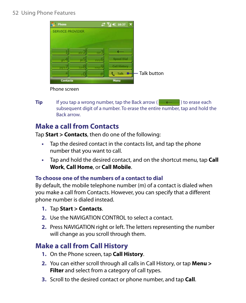 Make a call from contacts, Make a call from call history | ArcSoft PDA Phone User Manual | Page 52 / 250