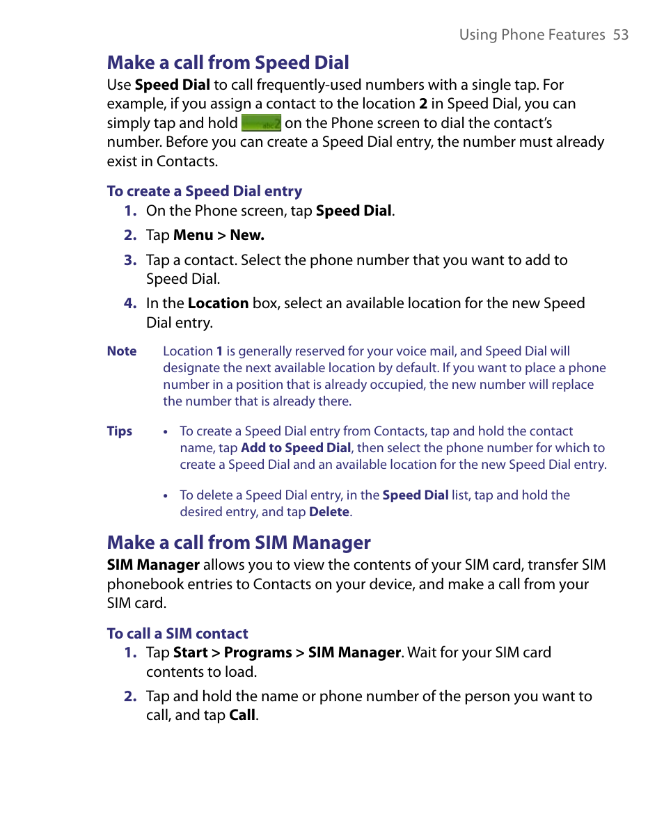 Make a call from speed dial, Make a call from sim manager | ArcSoft PDA Phone User Manual | Page 53 / 250