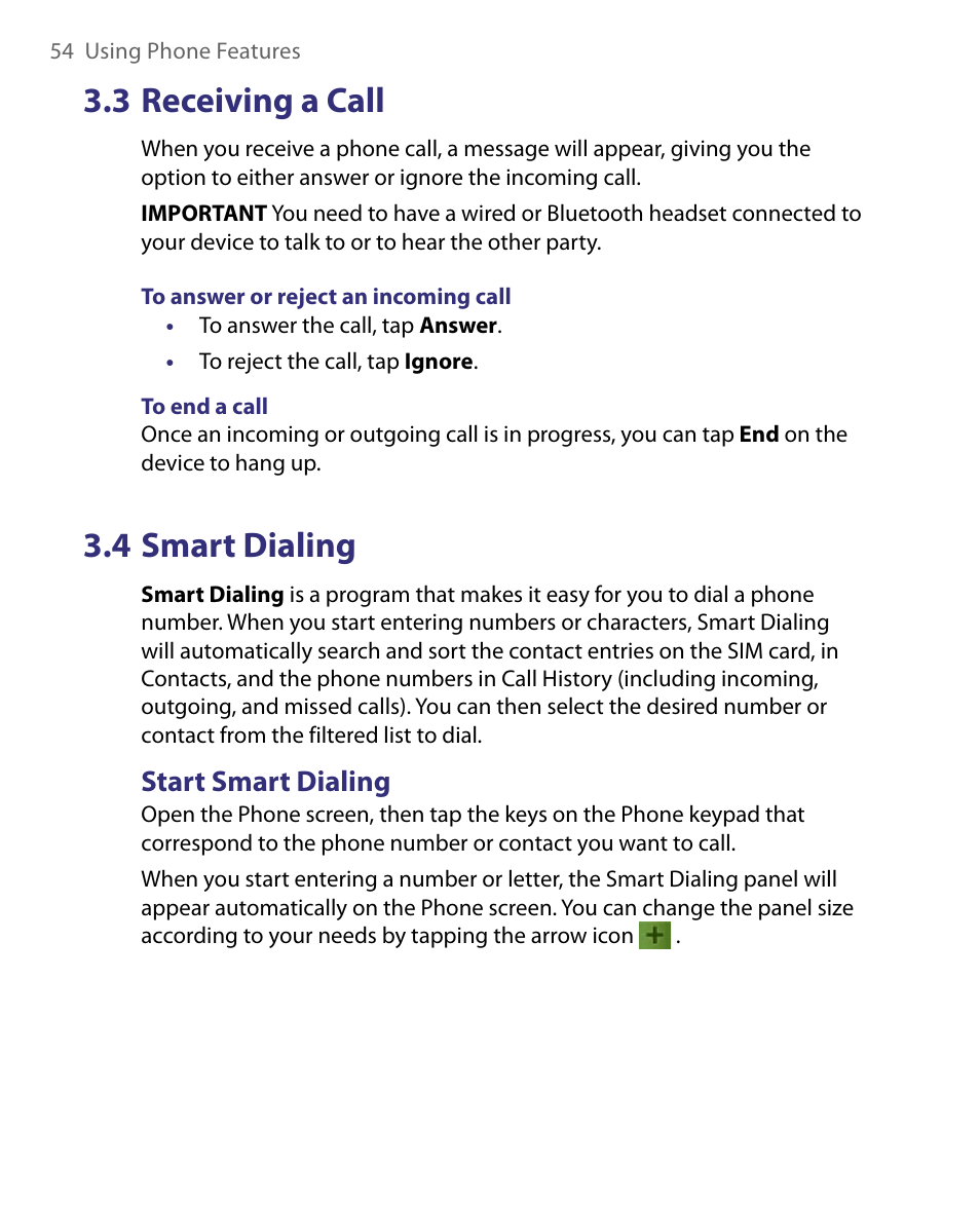 3 receiving a call, 4 smart dialing, 3 receiving a call 3.4 smart dialing | Start smart dialing | ArcSoft PDA Phone User Manual | Page 54 / 250