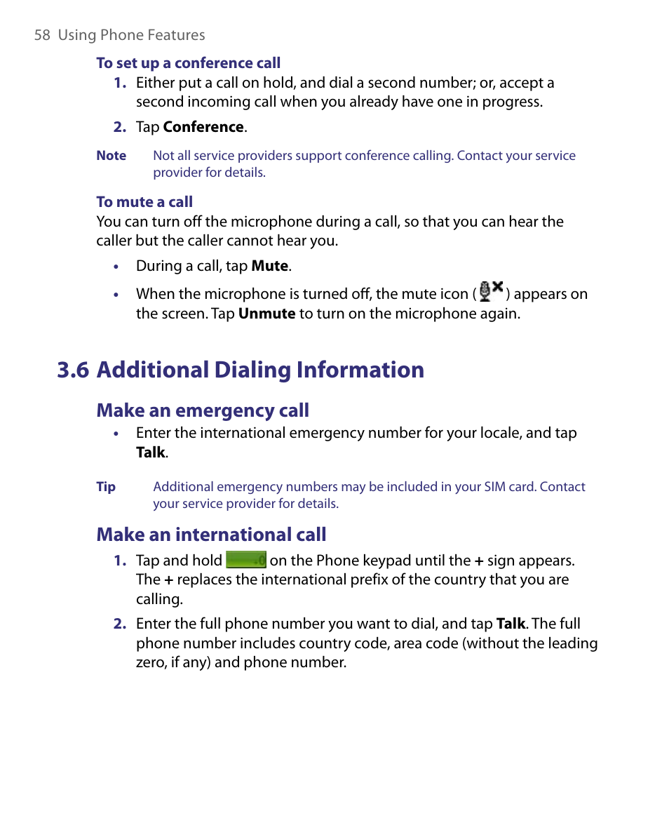 6 additional dialing information, Make an emergency call, Make an international call | ArcSoft PDA Phone User Manual | Page 58 / 250