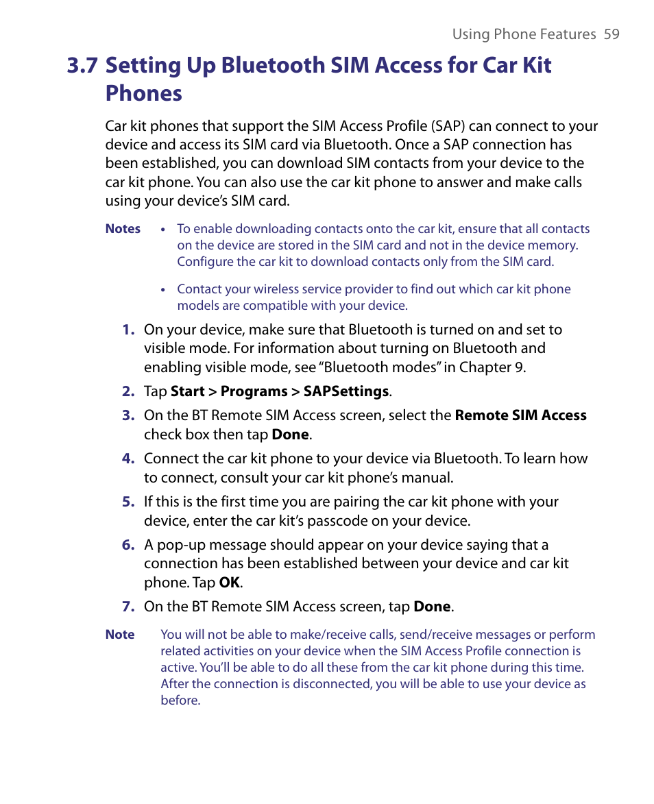 7 setting up bluetooth sim access, For car kit phones | ArcSoft PDA Phone User Manual | Page 59 / 250