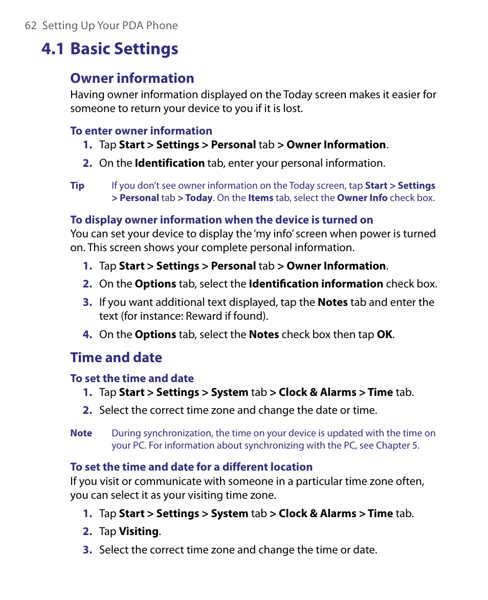 1 basic settings, Owner information, Time and date | ArcSoft PDA Phone User Manual | Page 62 / 250