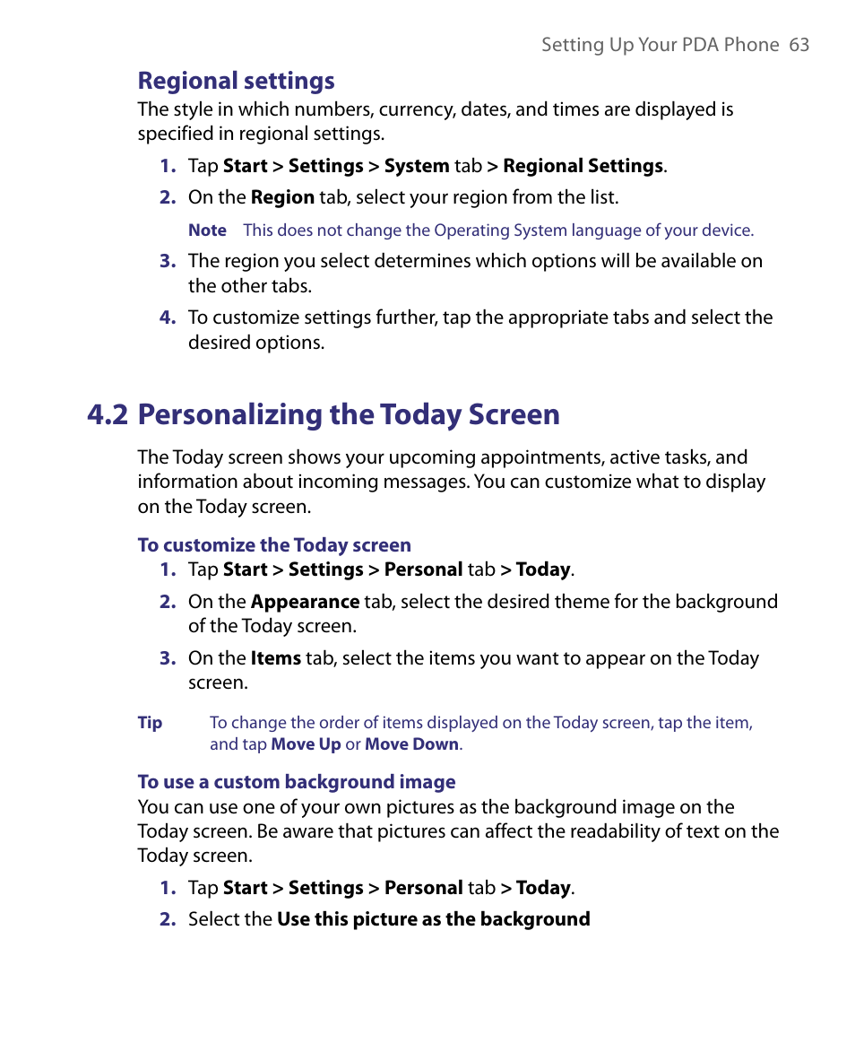 2 personalizing the today screen, Regional settings | ArcSoft PDA Phone User Manual | Page 63 / 250