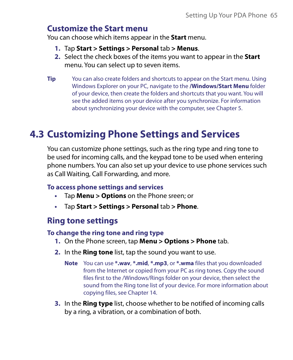 3 customizing phone settings and services, Customize the start menu, Ring tone settings | ArcSoft PDA Phone User Manual | Page 65 / 250