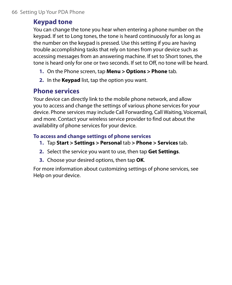 Keypad tone, Phone services | ArcSoft PDA Phone User Manual | Page 66 / 250