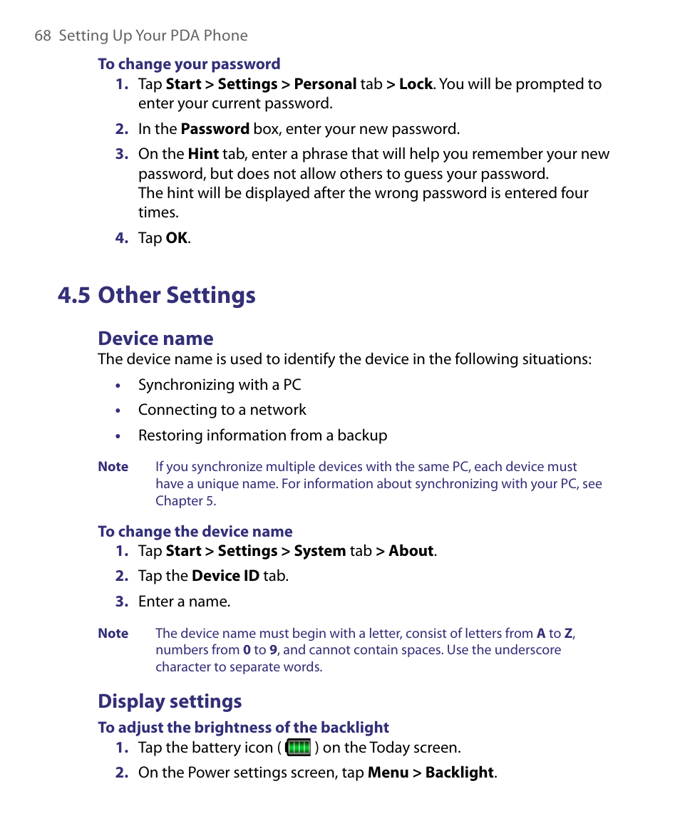 5 other settings, Device name, Display settings | ArcSoft PDA Phone User Manual | Page 68 / 250