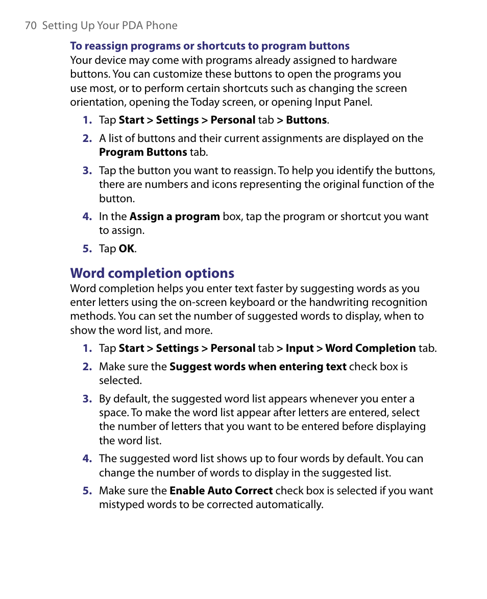 Word completion options | ArcSoft PDA Phone User Manual | Page 70 / 250