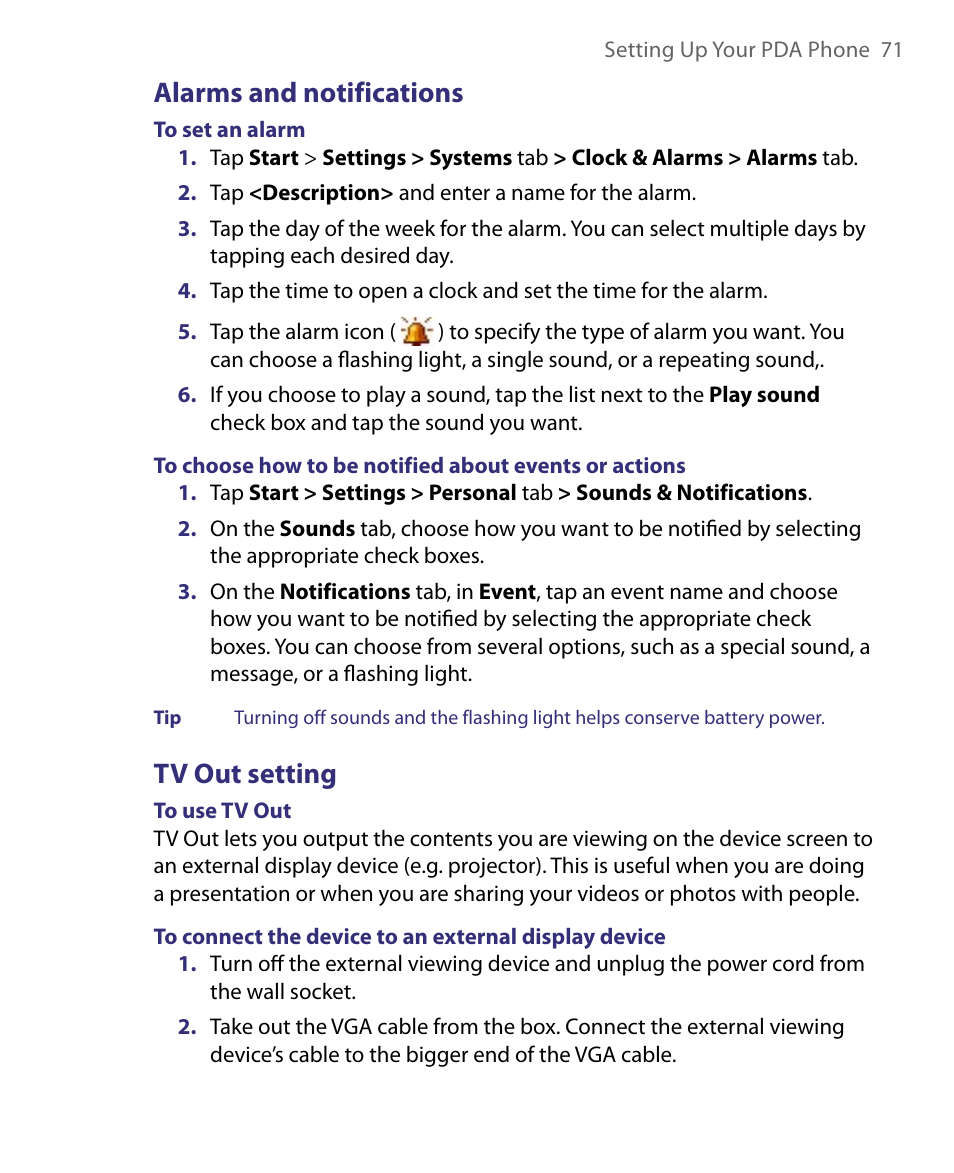 Alarms and notifications, Tv out setting | ArcSoft PDA Phone User Manual | Page 71 / 250