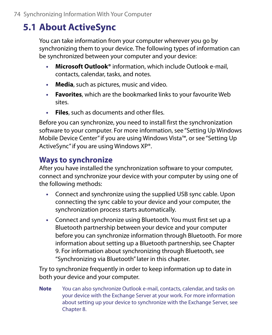 1 about activesync, Ways to synchronize | ArcSoft PDA Phone User Manual | Page 74 / 250