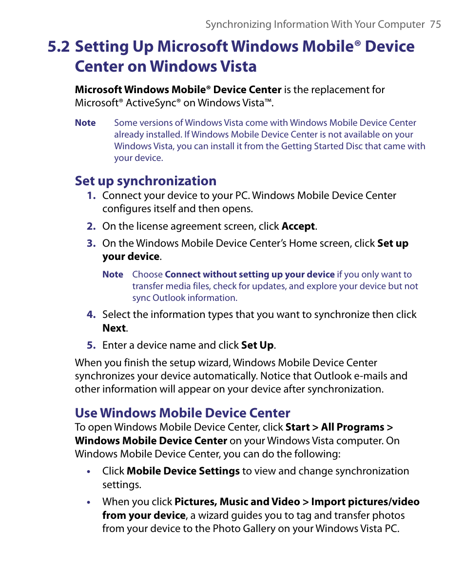On windows vista, 2 setting up microsoft windows mobile, Device center on windows vista | Set up synchronization, Use windows mobile device center | ArcSoft PDA Phone User Manual | Page 75 / 250