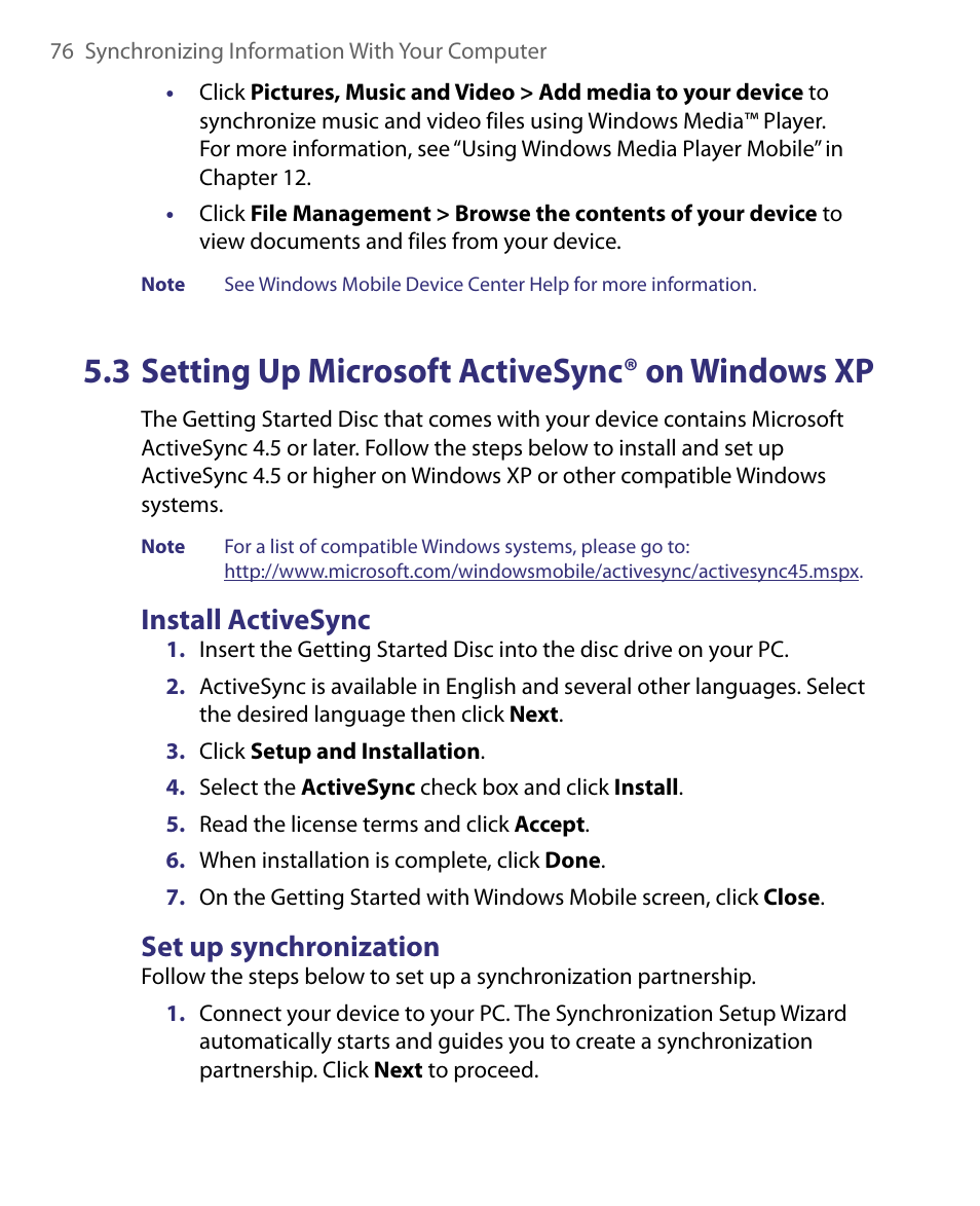 3 setting up microsoft activesync® on windows xp, 3 setting up microsoft activesync, On windows xp | Install activesync, Set up synchronization | ArcSoft PDA Phone User Manual | Page 76 / 250