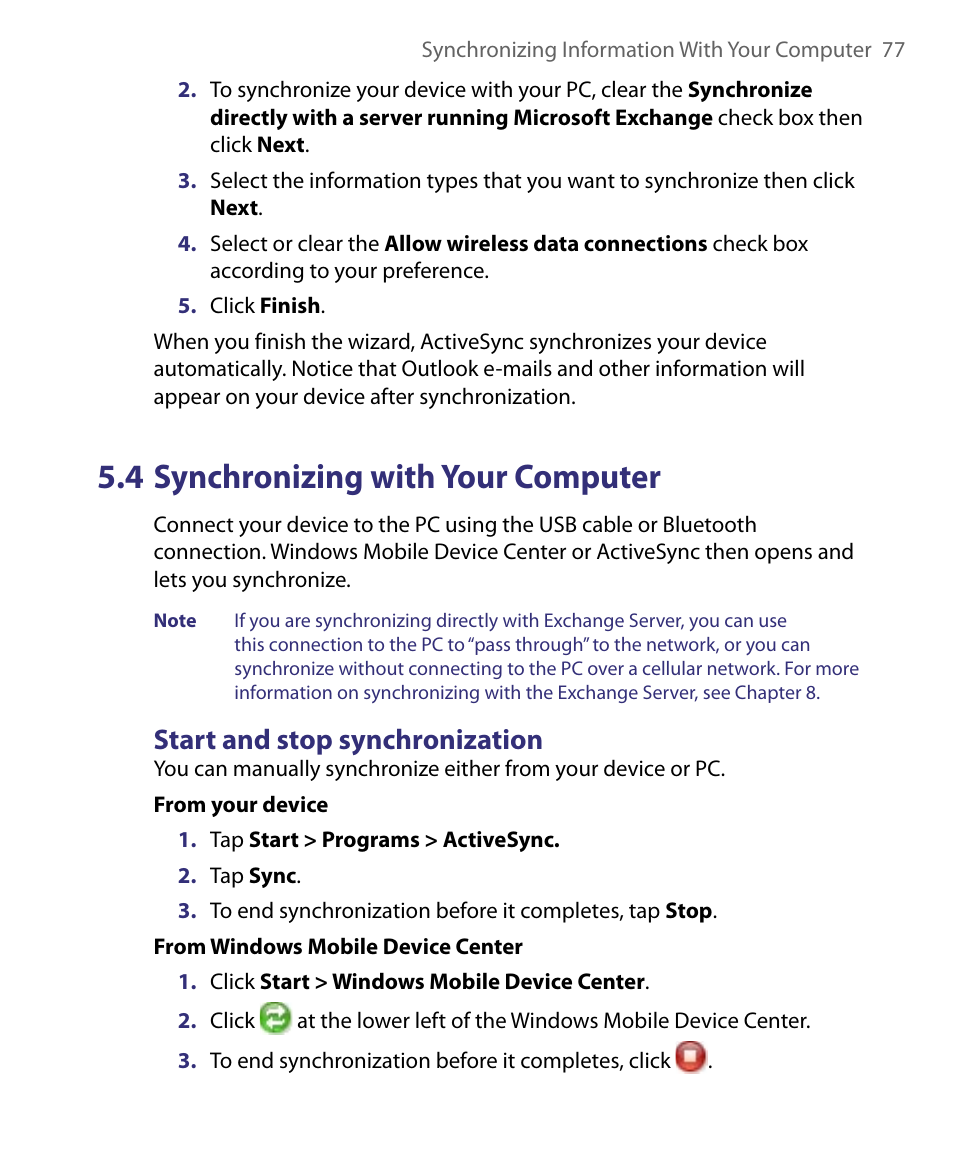 4 synchronizing with your computer, Start and stop synchronization | ArcSoft PDA Phone User Manual | Page 77 / 250