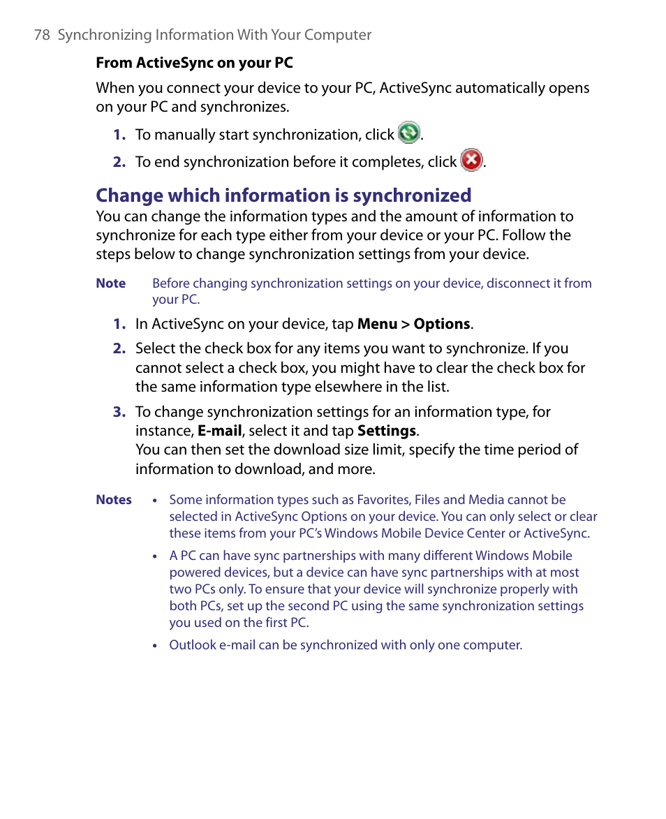 Change which information is synchronized | ArcSoft PDA Phone User Manual | Page 78 / 250