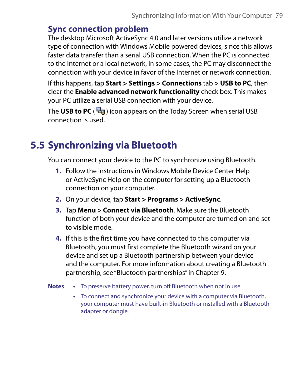 5 synchronizing via bluetooth, Sync connection problem | ArcSoft PDA Phone User Manual | Page 79 / 250