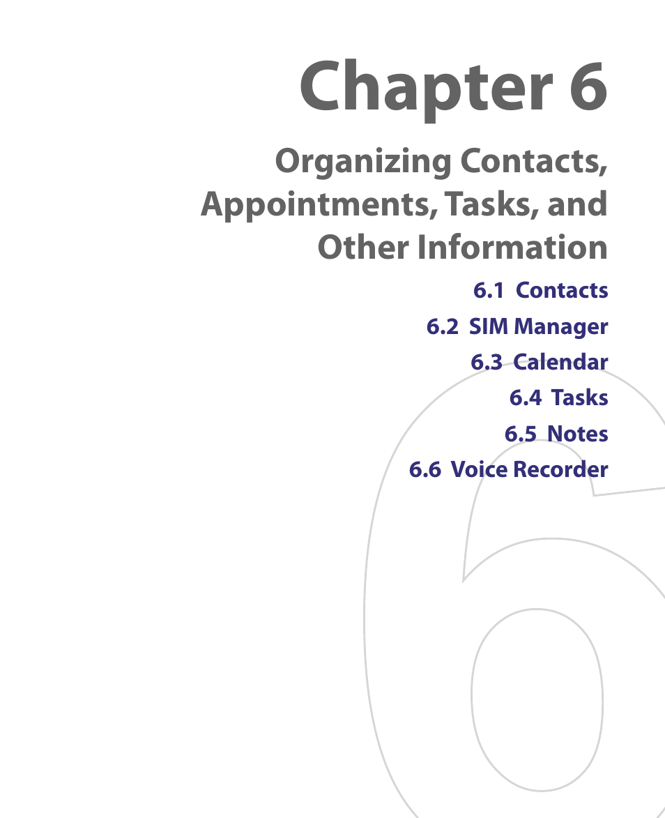 Chapter 6 organizing contacts, appointments, Tasks, and other information, Chapter 6 | ArcSoft PDA Phone User Manual | Page 81 / 250