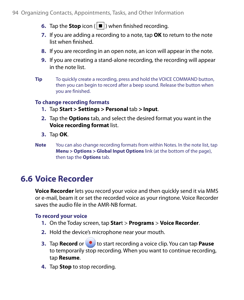6 voice recorder | ArcSoft PDA Phone User Manual | Page 94 / 250