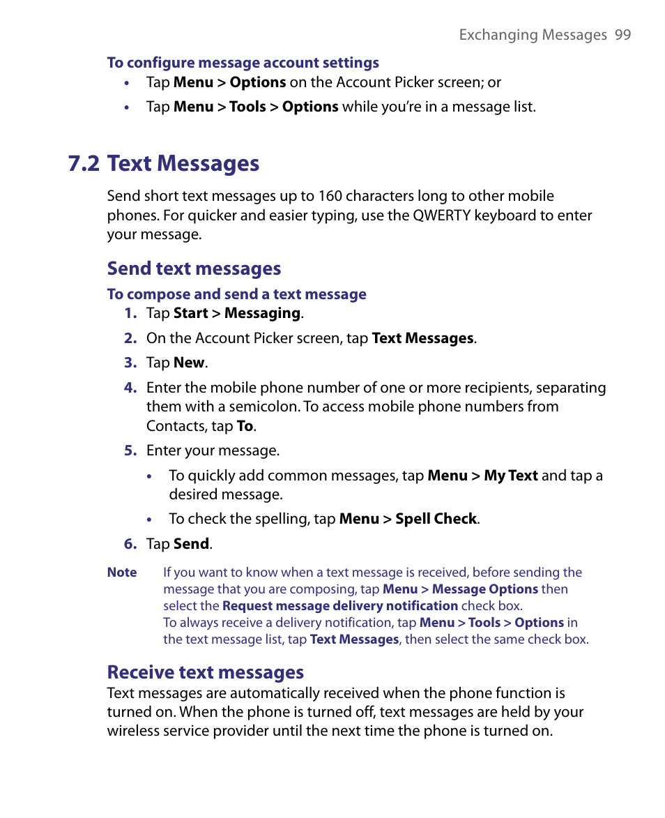 2 text messages, Send text messages, Receive text messages | ArcSoft PDA Phone User Manual | Page 99 / 250