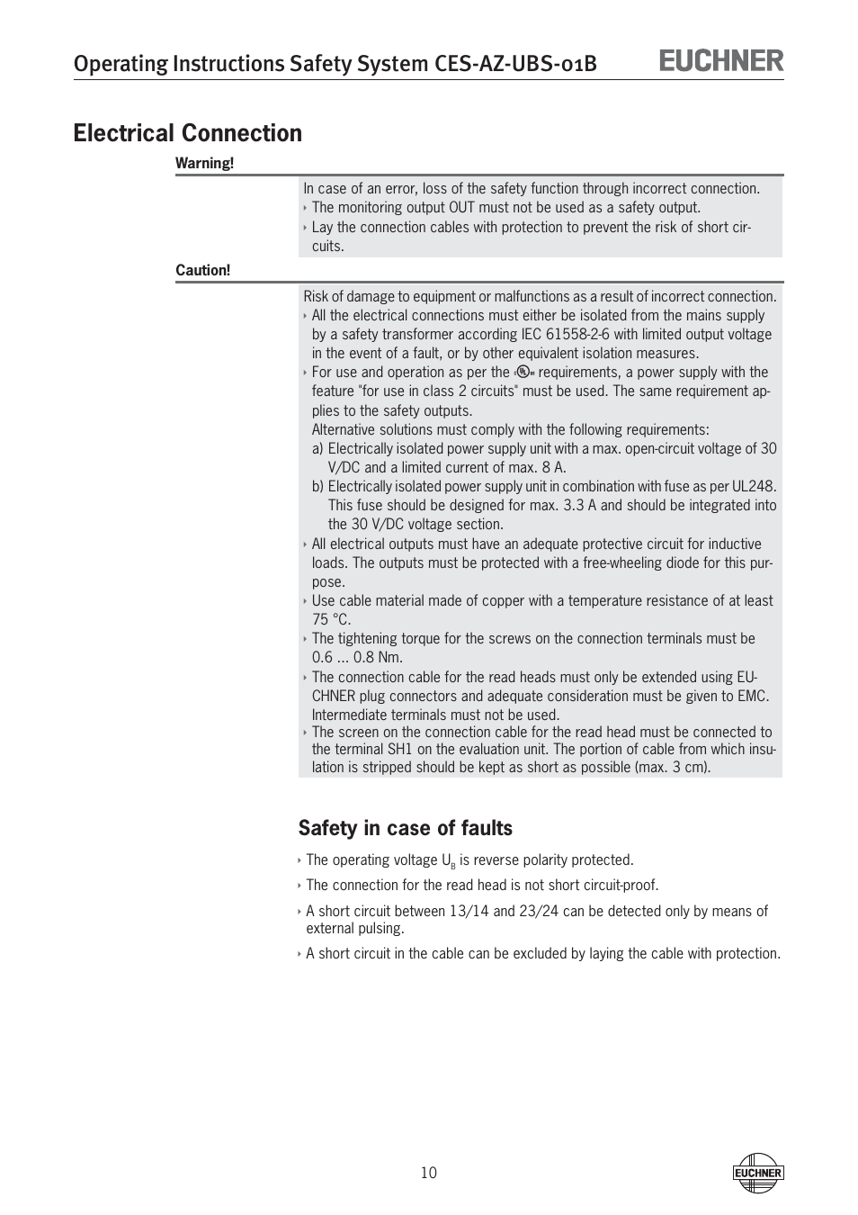 Electrical connection, Safety in case of faults | EUCHNER CES-AZ-UBS-01B (Multicode) User Manual | Page 10 / 38
