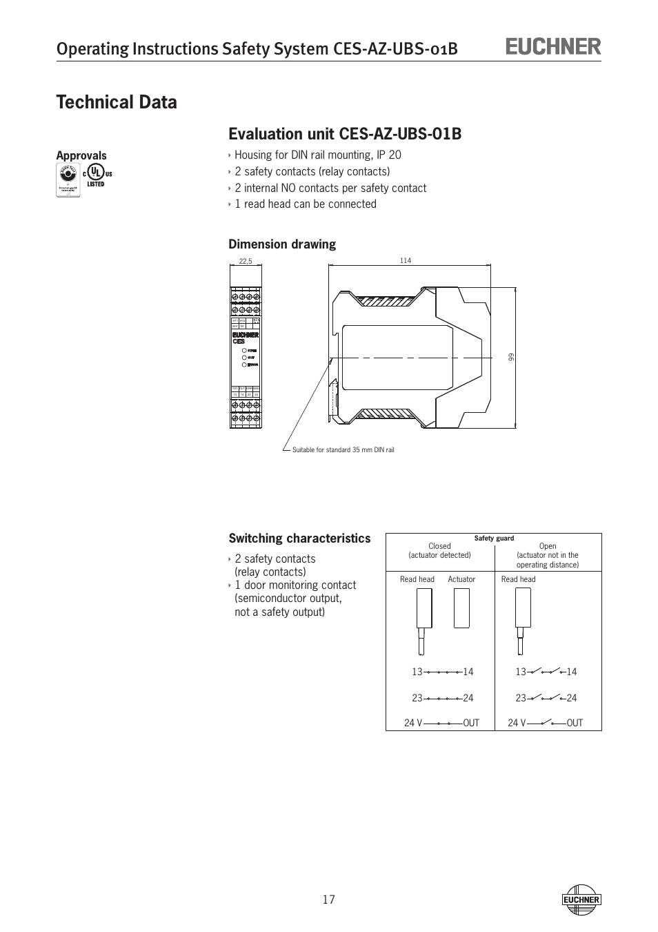Technical data, Evaluation unit ces-az-ubs-01b, Dimension drawing switching characteristics ì | Housing for din rail mounting, ip 20, 2 safety contacts (relay contacts), 2 internal no contacts per safety contact, 1 read head can be connected | EUCHNER CES-AZ-UBS-01B (Multicode) User Manual | Page 17 / 38