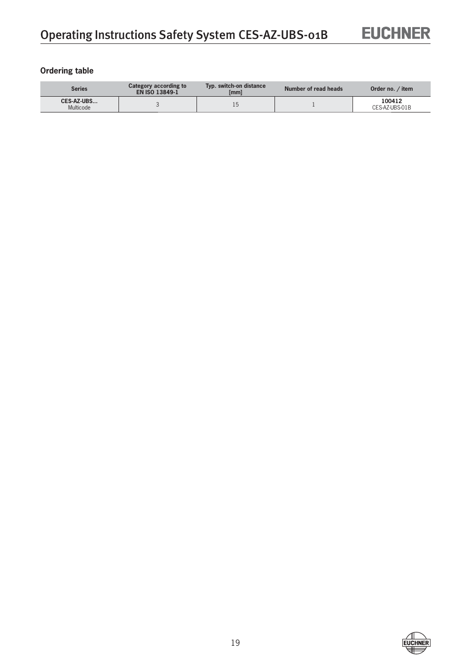 19 ordering table | EUCHNER CES-AZ-UBS-01B (Multicode) User Manual | Page 19 / 38