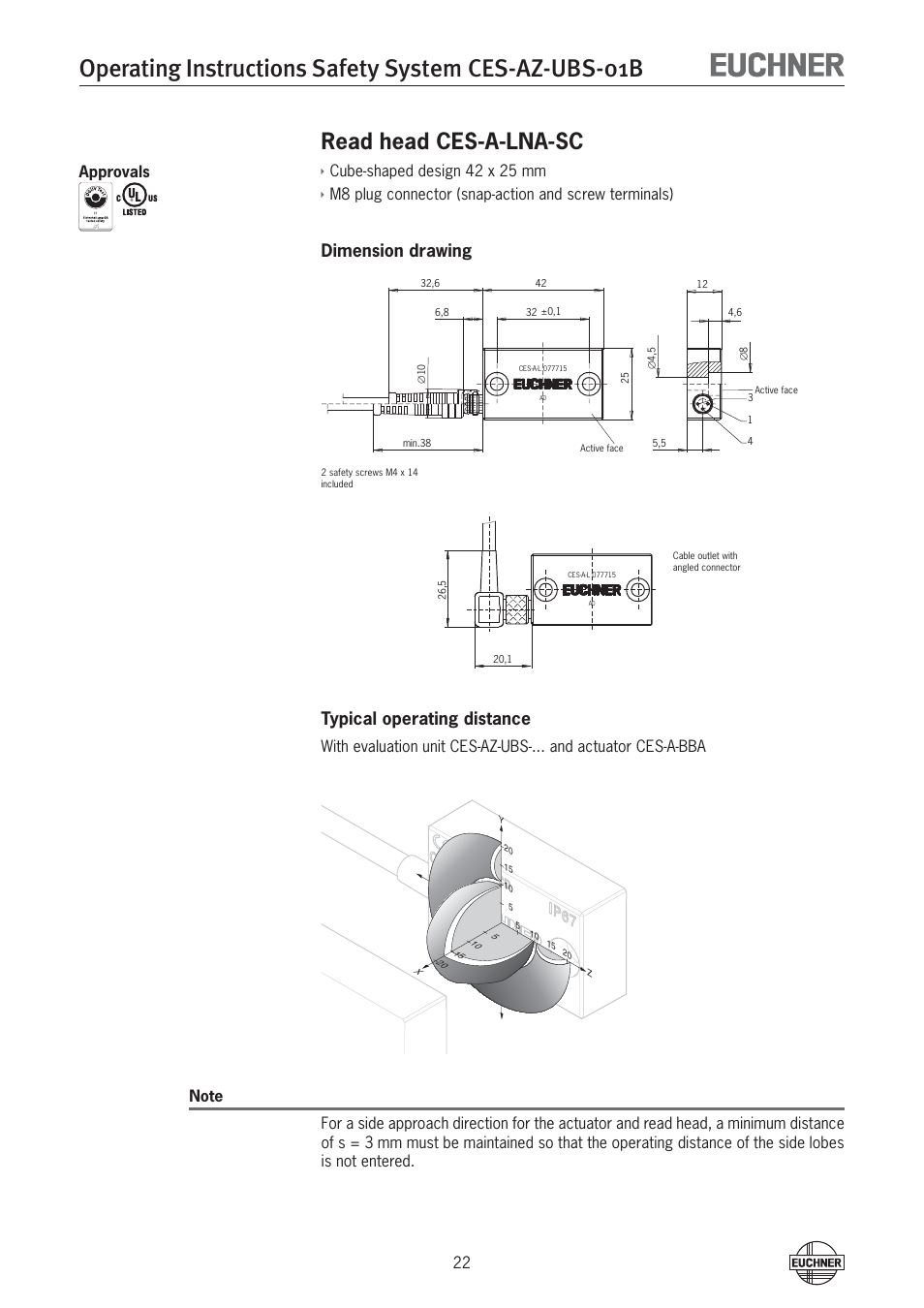 Read head ces-a-lna-sc, Dimension drawing typical operating distance, Cube-shaped design 42 x 25 mm | EUCHNER CES-AZ-UBS-01B (Multicode) User Manual | Page 22 / 38
