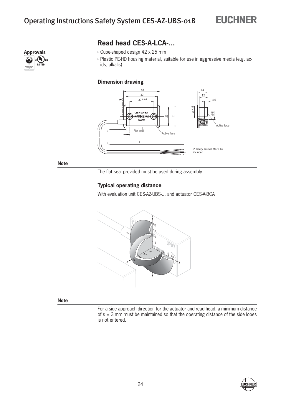 Read head ces-a-lca, Dimension drawing, Typical operating distance | Cube-shaped design 42 x 25 mm | EUCHNER CES-AZ-UBS-01B (Multicode) User Manual | Page 24 / 38