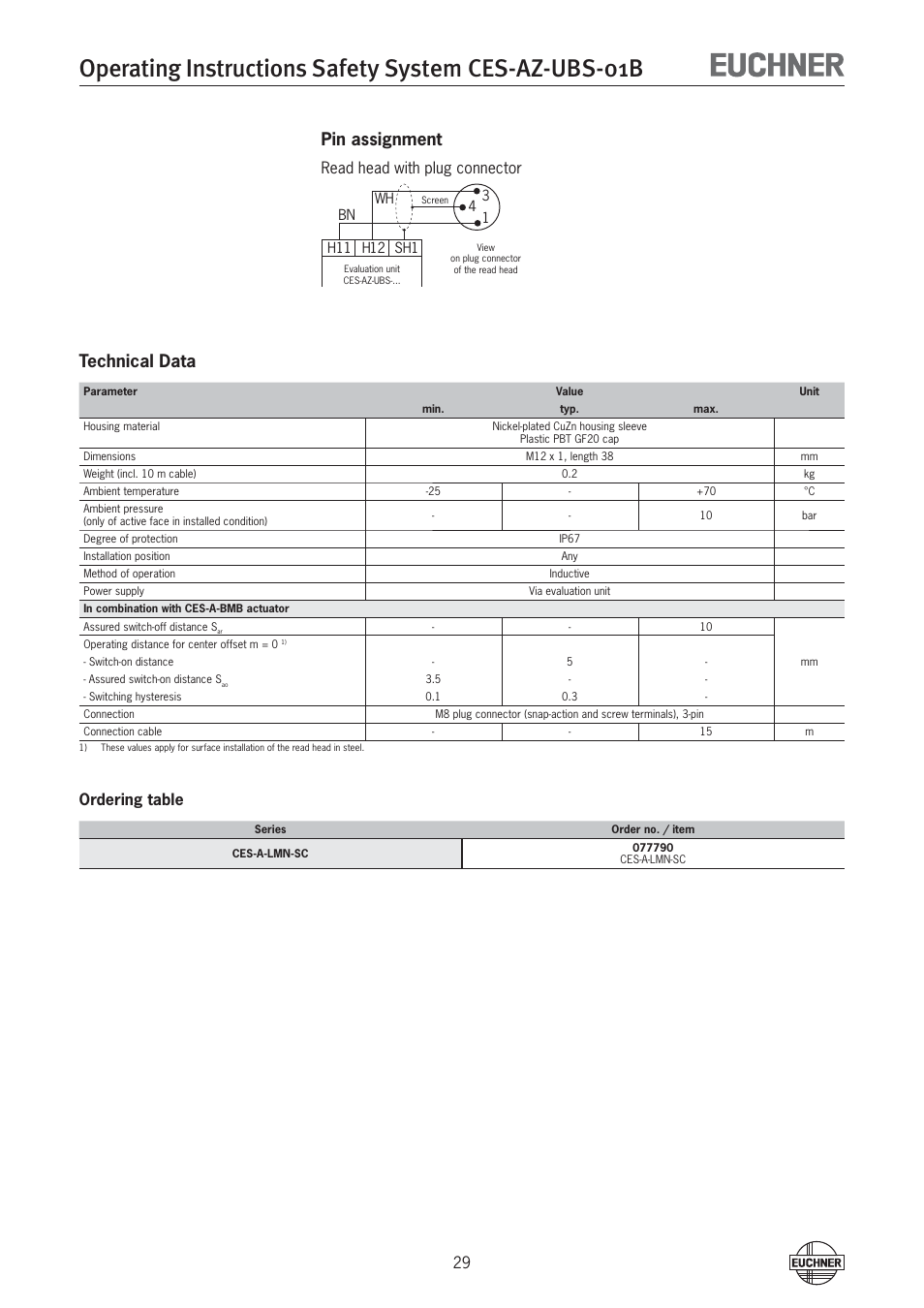 Pin assignment, Technical data, Read head with plug connector | Ordering table | EUCHNER CES-AZ-UBS-01B (Multicode) User Manual | Page 29 / 38