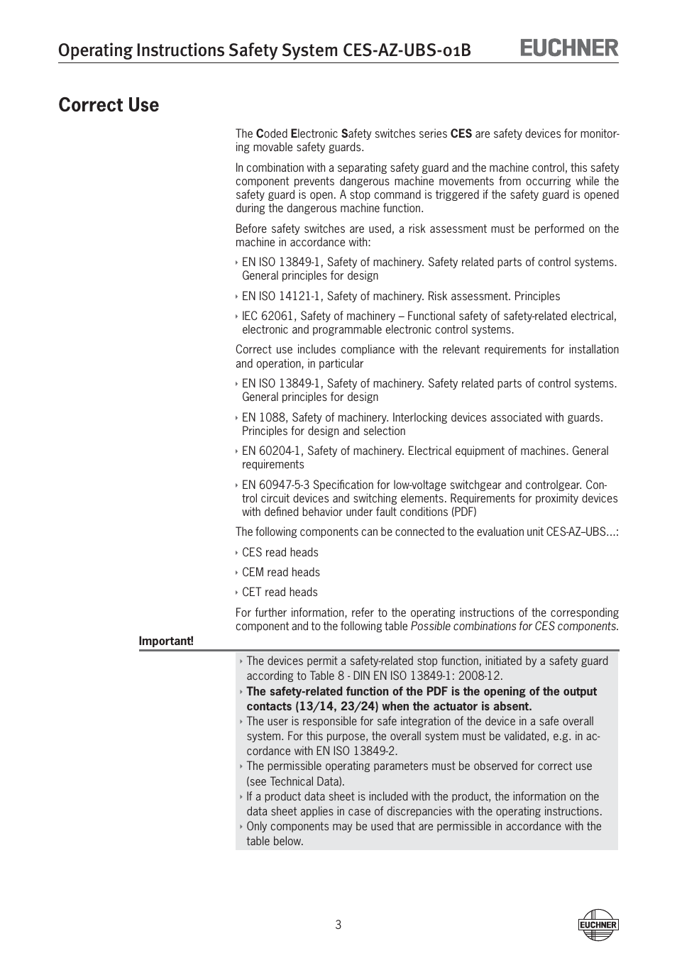 Correct use | EUCHNER CES-AZ-UBS-01B (Multicode) User Manual | Page 3 / 38
