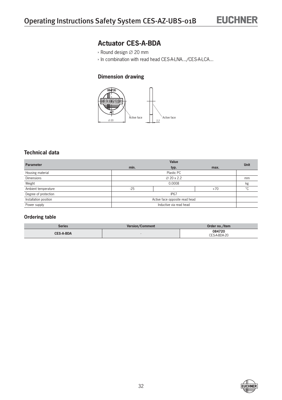 Actuator ces-a-bda, Dimension drawing technical data | EUCHNER CES-AZ-UBS-01B (Multicode) User Manual | Page 32 / 38