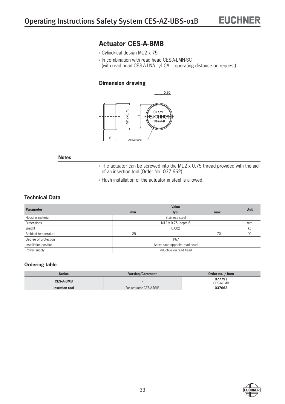 Actuator ces-a-bmb, Dimension drawing, Technical data | EUCHNER CES-AZ-UBS-01B (Multicode) User Manual | Page 33 / 38