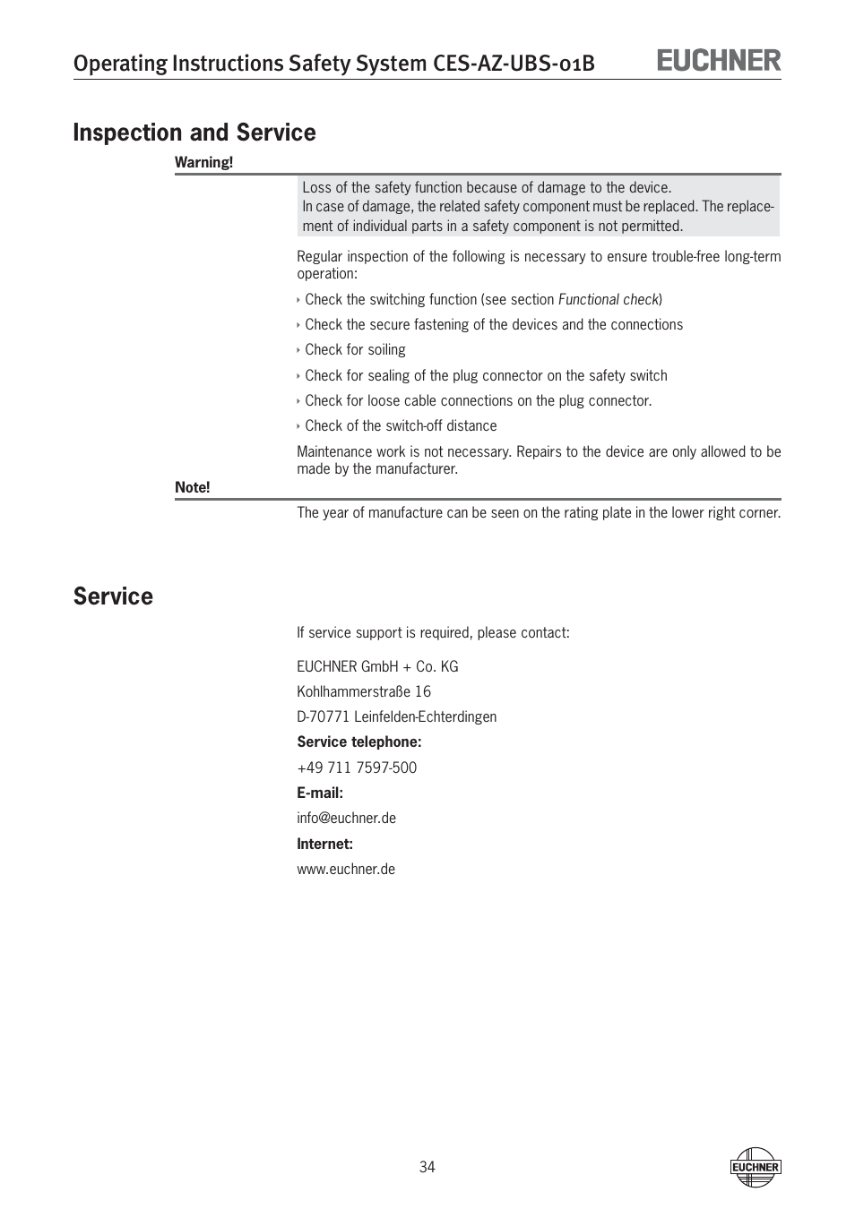 Inspection and service, Service | EUCHNER CES-AZ-UBS-01B (Multicode) User Manual | Page 34 / 38