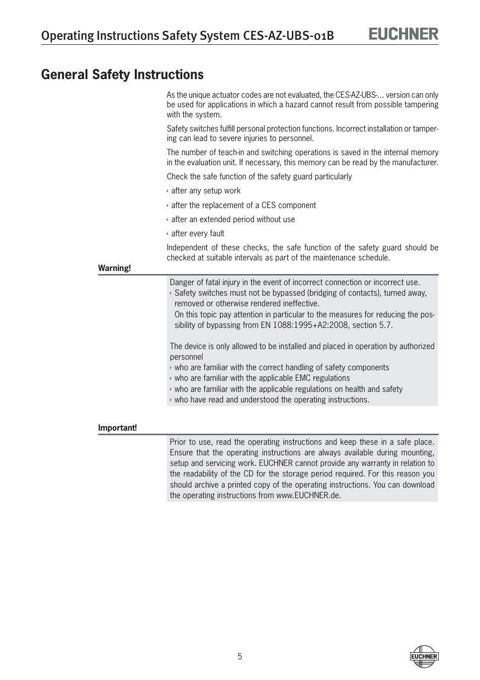General safety instructions | EUCHNER CES-AZ-UBS-01B (Multicode) User Manual | Page 5 / 38