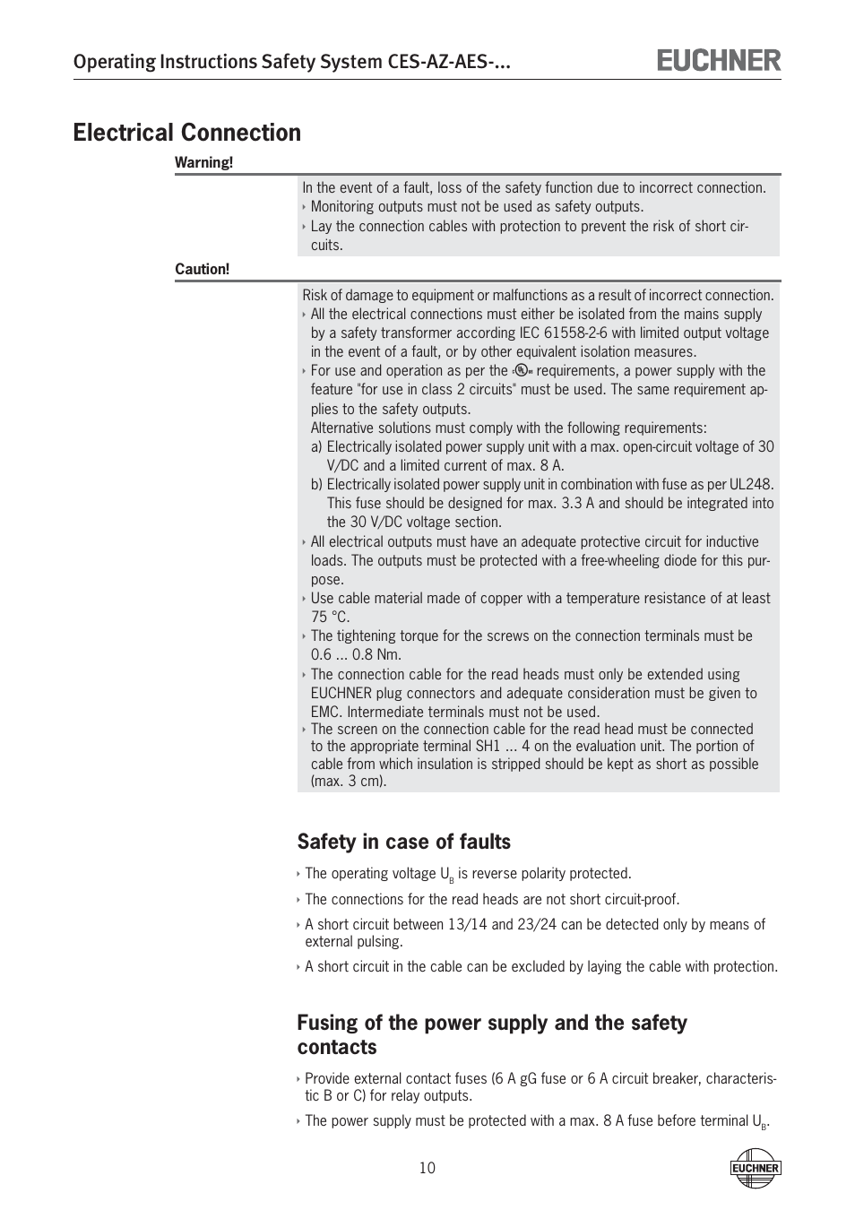 Electrical connection, Operating instructions safety system ces-az-aes, Safety in case of faults | Fusing of the power supply and the safety contacts | EUCHNER CES-AZ-AES-xxx (Unicode) User Manual | Page 10 / 54